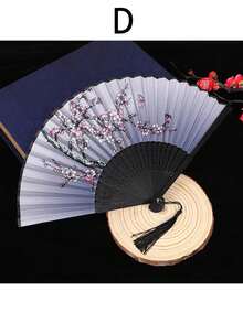 1 件古董折叠竹扇，中式折叠扇，舞蹈扇饰有黑色蝴蝶流苏花卉图案，传统舞蹈扇，手工扇优雅
