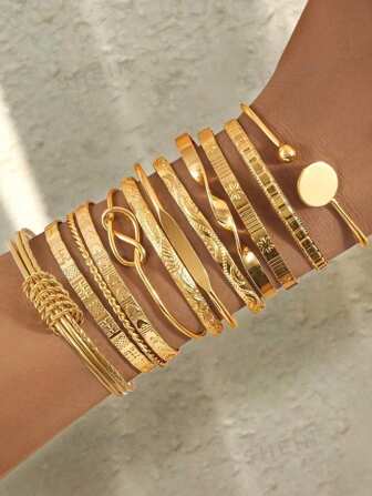 12/7/5pcs Set Textured Chunky Star Floral Pattern Twisted Geometric Round Disc & Bead Multi-Layer Wavy Metal Chunky Bangle Bracelet Set, Fashion Elegant Vintage Design, Suitable For Holiday, Party, Date, Gift, Daily Wear