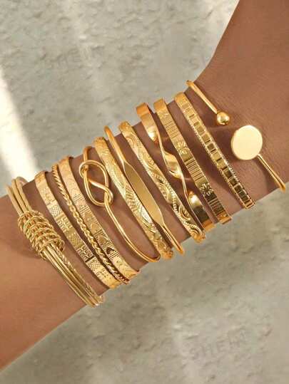 12/7/5pcs Set Textured Chunky Star Floral Pattern Twisted Geometric Round Disc & Bead Multi-Layer Wavy Metal Chunky Bangle Bracelet Set, Fashion Elegant Vintage Design, Suitable For Holiday, Party, Date, Gift, Daily Wear