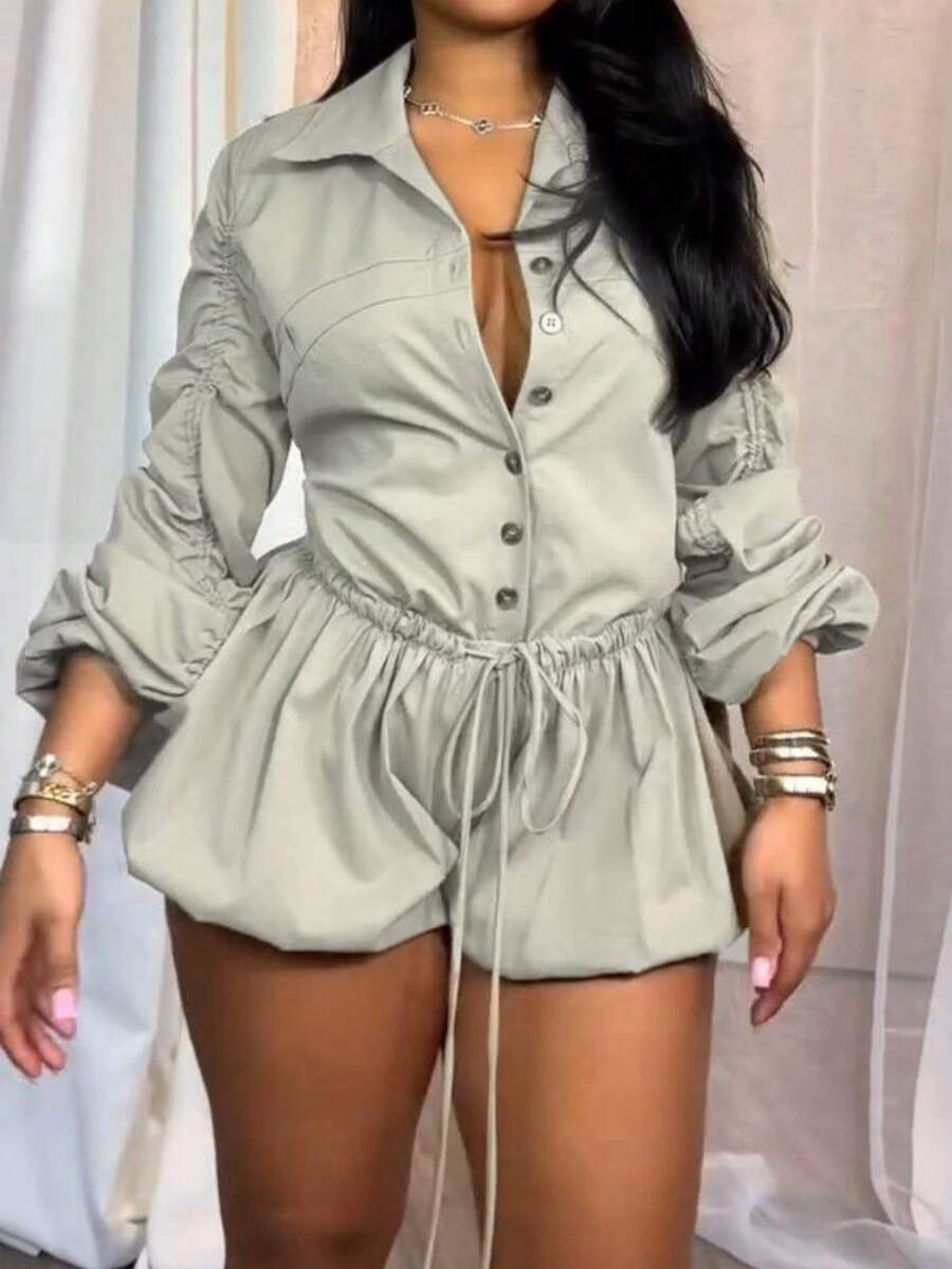 Women's Button Ruched Bubble Playsuits Long Sleeve Drawstring Shorts Shirt Jumpsuit Rompers One Piece Outfits, Spring Fall Winter Clothes - Màu Xám nhạt - Xem 1