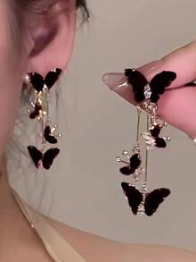 2件套 时尚优雅性感红黑蝴蝶吊坠耳环套装，镶嵌闪亮水钻，流苏长耳环，适合日常和派对场合，四季皆宜。 - A - 查看 15