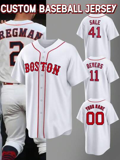 Customized Name & Number Men's Embroidered Baseball Jacket, Boston Red & White V-Neck Personalized Short Sleeve Button-Down Sports Shirt