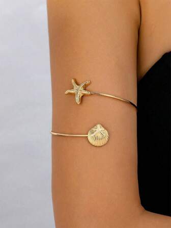 1 pieza Brazalete de metal con forma de estrella de mar y concha, elegante y de moda, adecuado para verano, playa, boda y fiesta