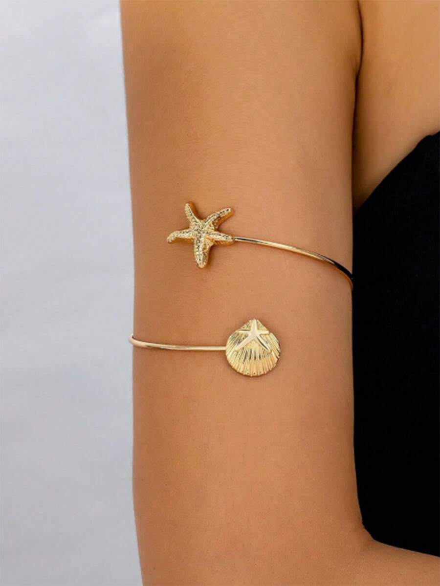 1 pieza Brazalete de metal con forma de estrella de mar y concha, elegante y de moda, adecuado para verano, playa, boda y fiesta - Dorado - Ver 1