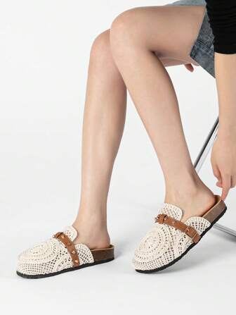 Women's Soft Cork Embroidered Slip-On Comfortable Breathable Closed Toe Flat Sandals