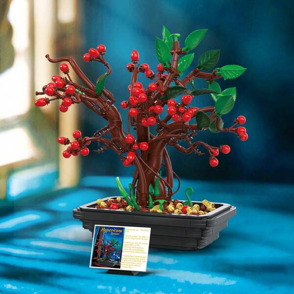 876 pièces Plante en pot de millepertuis rouge, modèle de bloc de construction Bonsaï, jouet éducatif en matériau ABS, cadeau de fête, décoration de bloc de construction créative, cadeau idéal pour les amis et les proches