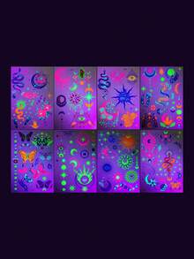 8 Sheets Y2K Glam Neon Glow Temporary Tattoos, Blacklight Body Art Stickers, UV Light Glow Tattoo Stickers, Perfect For Night Parties & Halloween, Assorted Designs For Music Festival And Party Body Make - Multicolor - View 10