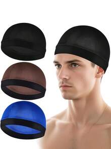 3pcs Solid Color Satin Elastic Shower Cap, Soft Breathable Hair Wrap, Sleeping Cap, Unisex Suitable For Sleeping, Shower, Sports, Hip-Hop Enthusiasts - Multicolor - View 11