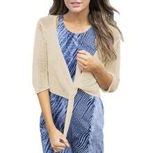 Women Tie Front Shrug 3/4 Sleeve Sheer Bolero Knotted Lightweight Cardigan For Women Tops Women Fall Outfits - 杏色 - 查看 3