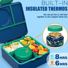 Caja Bento para Niños y Adultos con Termo, Contenedor de Almuerzo para Niños de 3-4 Compartimentos de 60OZ con Tarro de Comida Aislado de 8OZ a Prueba de Fugas, Tarro de Salsa, Utensilios para Niños y Niñas, Libre de BPA y Apto para Lavavajillas - B5.Dinosaurios de la jungla - Ver 11