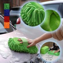 6pcs Set Of Extra Thick Extra Large Chenille Car Wash Sponges And Towels, Includes 1 Cleaning Sponge With Glove And 5 Soft Super Absorbent Microfiber Towels - Super Absorbent, Scratch-Free And Reusable - For Car, Home And Kitchen