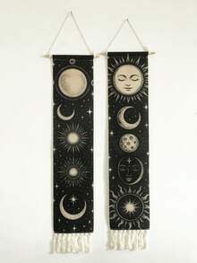半幅手工编织流苏星空挂毯，波西米亚风格，日月星辰图案，黑色横幅，灵性占星装饰，唯美墙面艺术，适用于客厅、家居、卧室、房间、墙面、办公室、宿舍、冥想空间 - 彩色 - 查看 8