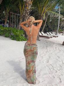 Women's Two Piece Maxi Skirt Sets Summer Beach Ruched Backless Pearls Chain Decor Crop Top And Cut Out Skirt - 綠色 - 查看 4