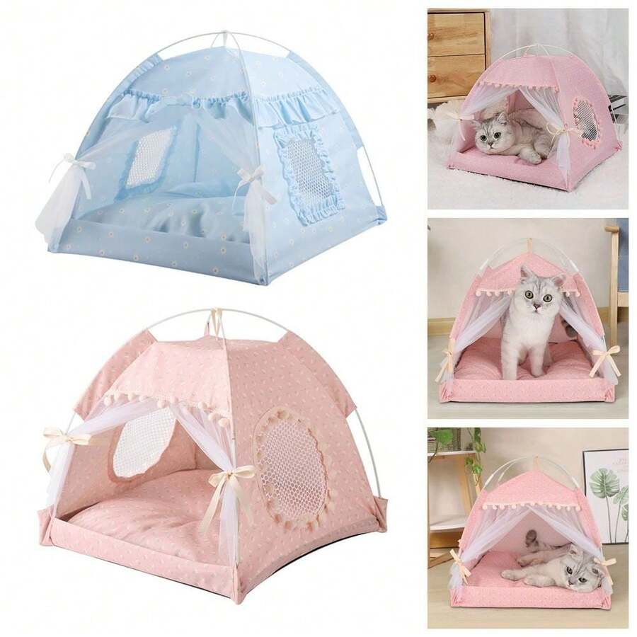 Tienda para mascotas, cama de perro y gato semi-cerrada con cojín reversible, ventilada y con prevención de mosquitos, casa de villa para gatos y nido para cachorros