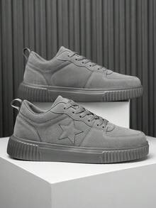 Men's Classic Solid Color Patchwork Star Pattern Design Comfortable Flat Bottom Sports Shoes, Outdoor Daily Commute Versatile Couple Low-Top Skate Shoes - Grey - View 5