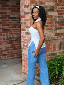 Steph T 纯色开叉下摆抹胸，女士休闲开叉露肩修身白色纯色女式上衣，春夏，休闲日常穿着