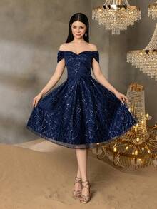 Đầm dạ hội trễ vai dáng lửng lấp lánh Alisa&Leo - Thích hợp cho các buổi dạ tiệc mùa hè, dạ hội tốt nghiệp và các sự kiện trang trọng của trường. - Màu xanh hải quân - Xem 4