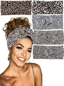 女士发带吸汗带 5 件女士瑜伽头带，加厚弹力波西米亚非洲多色头带带结，豹纹发饰时尚发带秋季配饰 - 彩色 - 查看 1