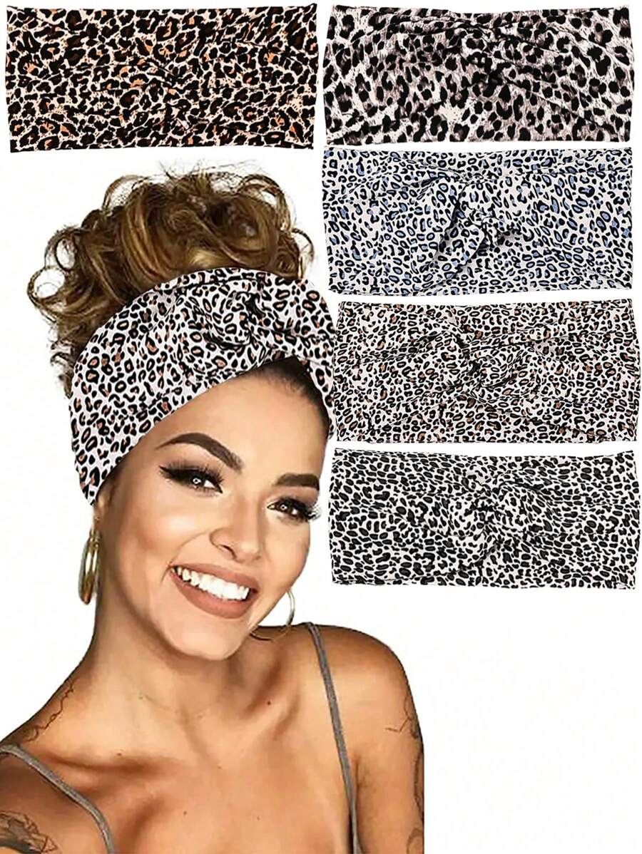 女士发带吸汗带 5 件女士瑜伽头带，加厚弹力波西米亚非洲多色头带带结，豹纹发饰时尚发带秋季配饰 - 彩色 - 查看 1