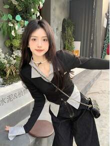 全新弹力拼色拼接 Polo 领黑色二合一女式秋季汗衫，秋季服装