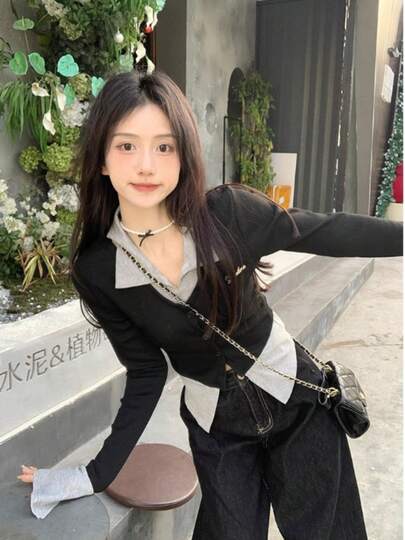 全新弹力拼色拼接 Polo 领黑色二合一女式秋季汗衫，秋季服装