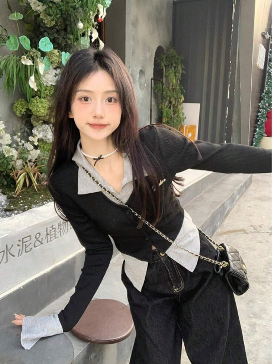 全新弹力拼色拼接 Polo 领黑色二合一女式秋季汗衫，秋季服装