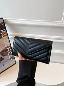 Women's Black PU Embroidered Long Wallet Clutch - Multi-Card Slot Large Capacity, Stylish And Versatile Long Wallet For Girls, Office Ladies, And Travel Essentials.