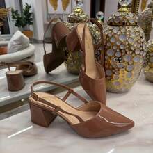 Show Show Women's Slingback Pumps, Formal Shoes, Buckle Straps, Pointed Toe, Low Block Heel, Comfortable - 裸色指甲油 - 查看 3