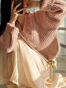 JIANHU 女士复古粗针织开衫，适合秋冬季节 - 纽扣前襟，长袖，情人节及其他场合的完美之选，粉色 - 粉色 - 查看 5