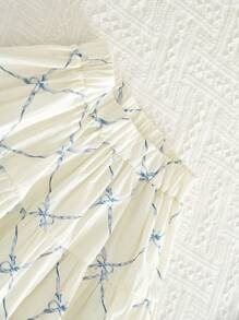 2pcs Girl's Set: Bow Print Smock Collar Long Sleeve Top + Skirt - Dusty Blue - View 8