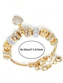1pc Shimmering Round Shaped Metallic Bead & Rhinestone Detailing, Hollow Out Heart Shaped Metallic Bead & Rhinestone Detailing Detachable Copper Chain Bracelet For Women, Ideal For Dating And As A Fashionable Gift Valentines,Mom,Mother,Mother's Day,Gift - 金子 - 查看 5