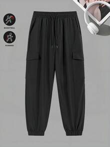 男士裤子，春秋纯色多口袋抽绳工装裤，宽松舒适运动裤 - 黑色 - 查看 2