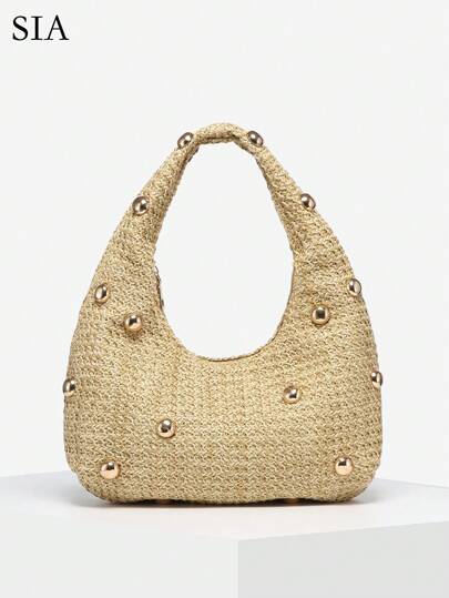 1件装女士复古朋克波西米亚风海景装饰沙滩包，钩编铆钉油鞣皮革仿皮大容量肩背包，月牙形，适合外出、聚会和日常穿着