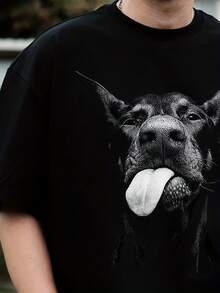 Camiseta Gráfica de Streetwear para Hombre - Diseño de Perro Genial con Lengua Fuera, Corte Holgado, Tela Transpirable, Camiseta Negra para Uso Casual de Verano, Ropa Casual de Verano| Diseño Divertido de Perro| Ajuste Cómodo - Negro - Ver 4