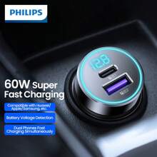 PHILIPS 飞利浦车载充电器，2 件装 60W 最大快速充电双端口 USB 适配器，适用于 15/15 Pro Max、14/13/12 系列、Galaxy S23/22、Pixel