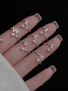 1 件 26 字母设计锆石开口戒指，时尚精致奢华风格 - 銀色 - 查看 1