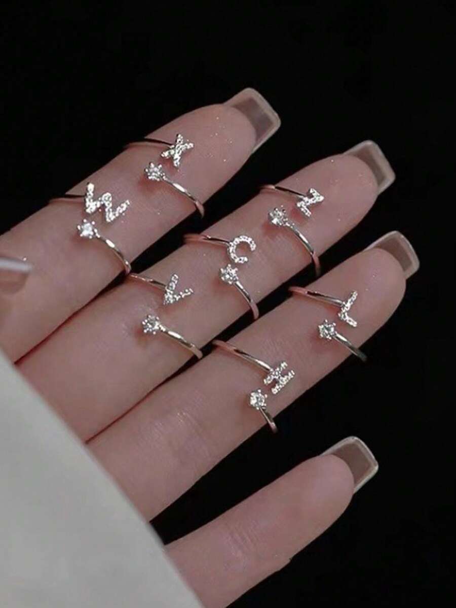 1 件 26 字母设计锆石开口戒指，时尚精致奢华风格 - 銀色 - 查看 1