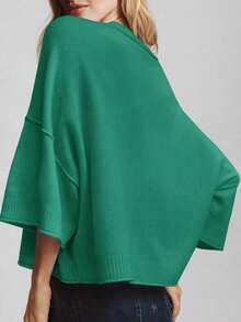 Womens Short Sleeve Sweater Summer Oversized Cropped Sweaters Casual Crewneck Lightweight Knit Tops - màu xanh lá - Xem 4