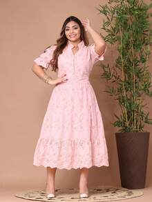 Women's Fashion Midi Dress In 3D Laise Fabric And Smooth With Elastex On The Back And Button On The Front And Lining - 雙色BB粉紅色 - 查看 2