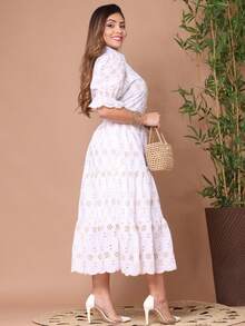 Women's Fashion Midi Dress In 3D Laise Fabric And Smooth With Elastex On The Back And Button On The Front And Lining - Two-tone White - View 3