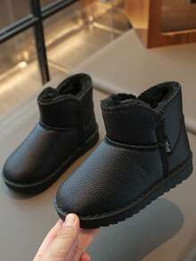 1 Pair Kids Snow Boots, Solid Color Simple Design, Warm And Anti-Slip Soft Sole For Boys And Girls - Black - View 1