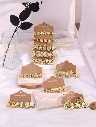 30pcs/Set European & American Style Gold Bear, Heart, Round, Marine Life Stud Earrings Set, Gift For Women & Girls, Daily, Party, Travel