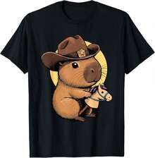 Cowpybara Cowboy Capybara Western Pun Graphic Tees Men's T-Shirt, Soft And Breathable Short Sleeve, Perfect For Daily Wear, Outdoor Activities, Travel, And Casual Style, Comfortable All-Day Fit! - 黑色 - 查看 1