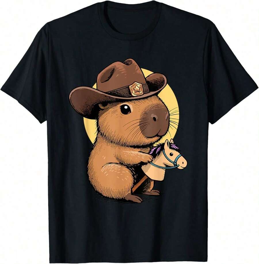 Cowpybara Cowboy Capybara Western Pun Graphic Tees Men's T-Shirt, Soft And Breathable Short Sleeve, Perfect For Daily Wear, Outdoor Activities, Travel, And Casual Style, Comfortable All-Day Fit! - 黑色 - 查看 1