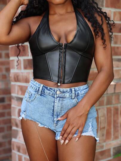 Steph T 女式 Rave Y2K V 领修身款金属扣眼前系带露背 PU 皮革吊带紧身胸衣塑身衣派对短款背心前卫性感音乐节