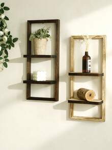 1pc Vintage Open Wooden Wall Mounted Storage Rack, Floating Display Shelf For Living Room, Bedroom, Bathroom, Kitchen, Entryway, Office Decor - Multicolor - View 3