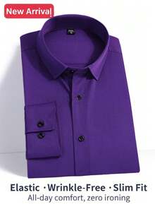 Men's Stretch Business Casual Shirt - Wrinkle-Free & Easy Care With Black Buttons | Comfort Formal & Daily Wear - 紫色 - 查看 2
