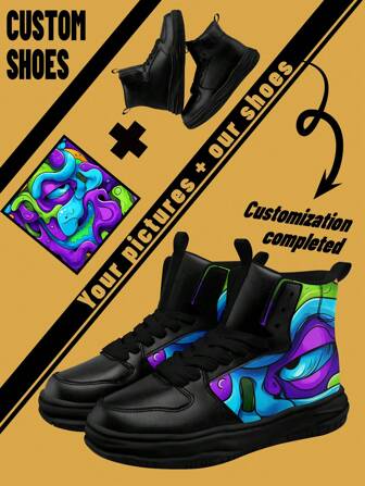 Custom High-Top Boots, Faux Leather Upper, Personalized Design, Upload Your Picture, Soft And Comfortable, Street Style, Stylish Customized Gift For Mom/Dad/Her/Him/Girlfriend/Boyfriend/Wife/Husband/Friend