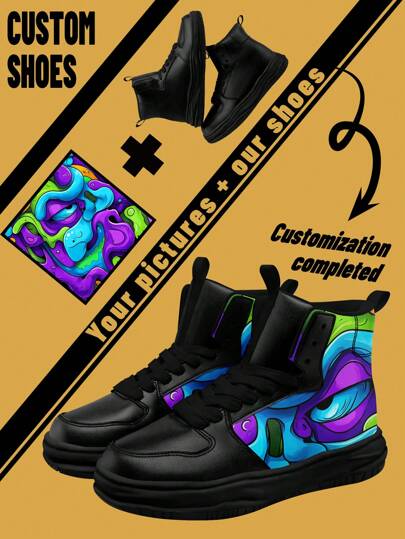 Custom High-Top Boots, Faux Leather Upper, Personalized Design, Upload Your Picture, Soft And Comfortable, Street Style, Stylish Customized Gift For Mom/Dad/Her/Him/Girlfriend/Boyfriend/Wife/Husband/Friend