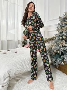 2pcs Women's Long Sleeve Top & Pants Cute Christmas Cartoon Pattern Pajama Set, Autumn/Spring, Fall Clothes